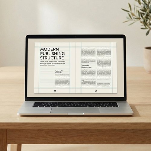 Laptop displaying a document titled 'Modern Publishing Structure' with text and page numbers 24 and 25