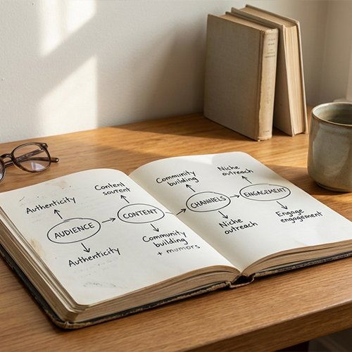 Notebook with a flowchart on content strategy, including audience, content, channels, and engagement, with books and a cup on the desk.