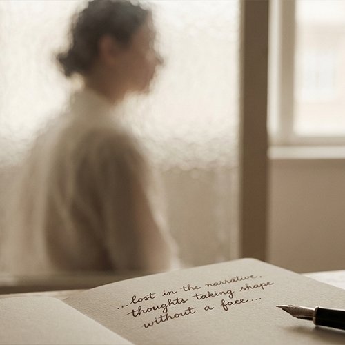 Notebook with a handwritten quote and a blurred figure in the background, symbolizing thoughts and reflection