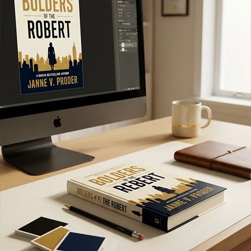 Book titled 'BOLDERS OF THE ROBERT' on a desk next to a cup, notebook, and pencils, with the book cover design visible on a computer screen.