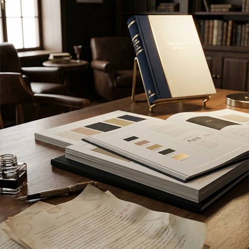 Books and a design layout spread on a wooden table, with an ink pen, old parchment, and a lamp in a cozy, library-like setting.