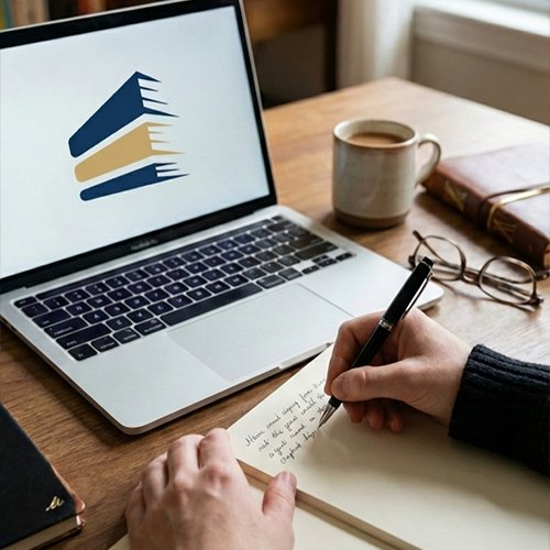 Person writing in a notebook with a pen, laptop displaying a logo of stacked books, and a coffee cup nearby.