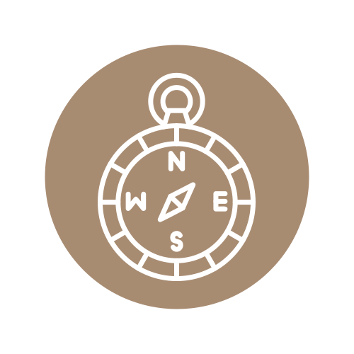 Compass icon with directional indicators (N, S, E, W) on a beige background