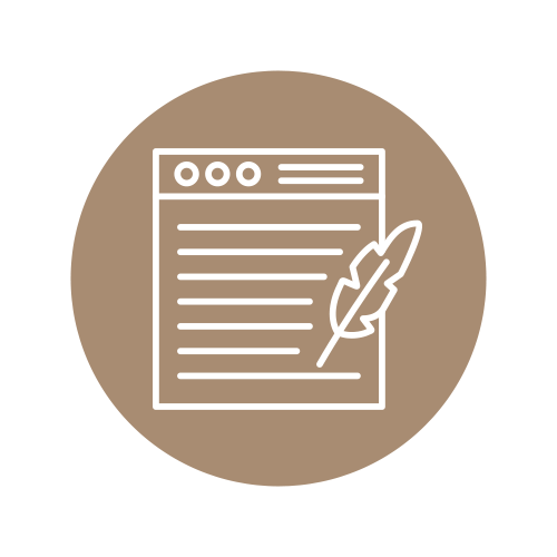 Document icon with text lines and a feather pen on a beige background
