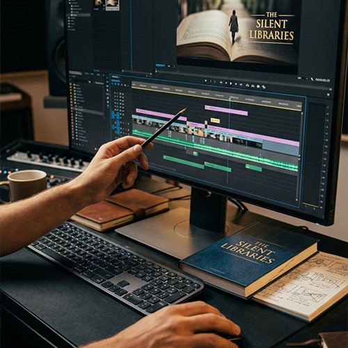 Video editing on a computer screen with the project titled 'The Silent Libraries,' surrounded by a notebook, book, and coffee cup.