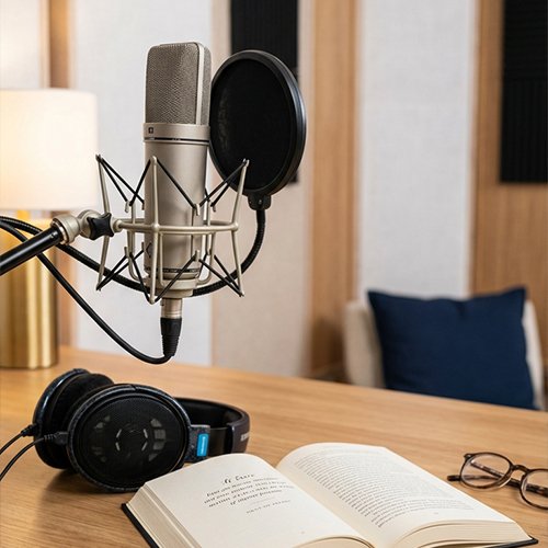 Microphone with a pop filter, headphones, and an open book on a desk, set in a recording studio.