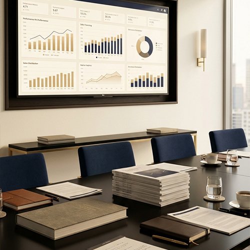 Conference room with a screen displaying various business charts and graphs, and a table with stacks of papers, glasses, and books.