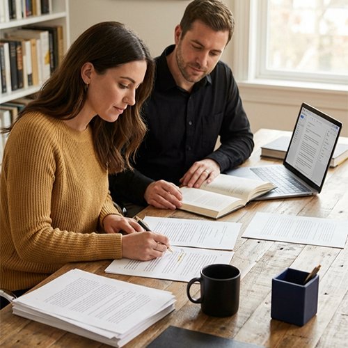 Two people working together at a table, reviewing documents and taking notes, with a laptop and coffee mug on the desk.