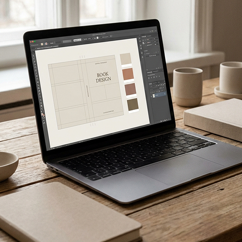 Laptop displaying book design in software, with notebooks and coffee mugs on a wooden table