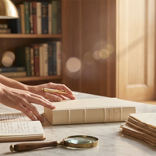 Hand writing in a notebook with a book and magnifying glass on a marble table, and bookshelves in the background