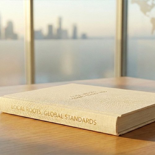 Book titled 'Local Roots, Global Standards' on a wooden table with a city skyline view in the background