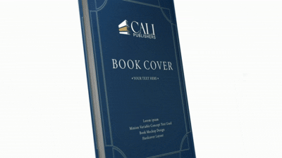 3D view of a book cover by Cali Publishers, showcasing a customizable design with the title 'BOOK COVER' and a placeholder for text.