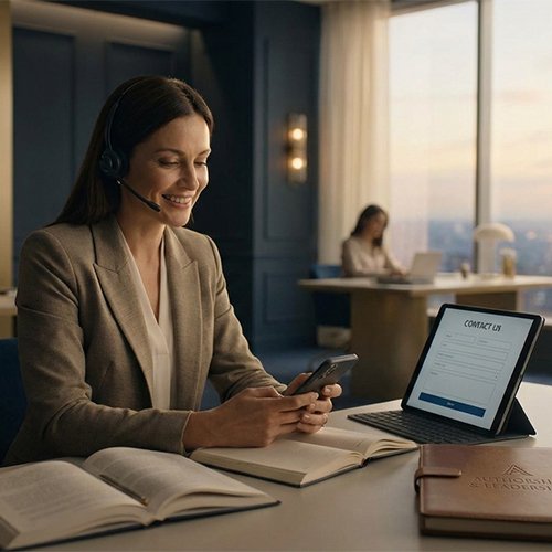 Woman in office using a mobile phone and tablet with a contact form, wearing a headset